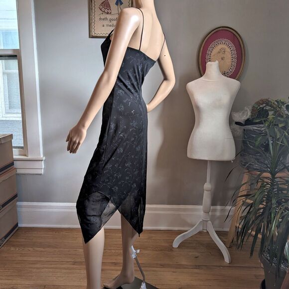 Vintage 90s Byer Too Black Midi Dress Cocktail Floral Glitter Whimsygoth Size S - Picture 11 of 13